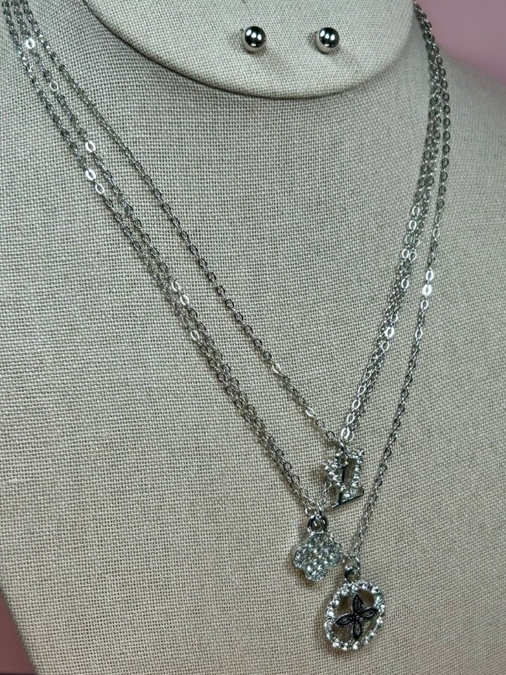 Trendy Fashion Jewelry Silver Layered Clover- Rhinestones Necklace Set BRAND NEW - Picture 6 of 7